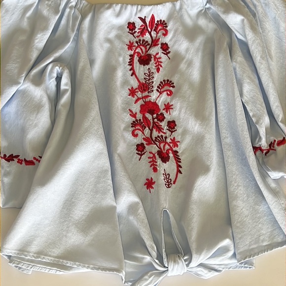 Zara Trafaluc Off The Shoulder Blue Blouse Red Floral Embroidery Size M Boho - Picture 3 of 6